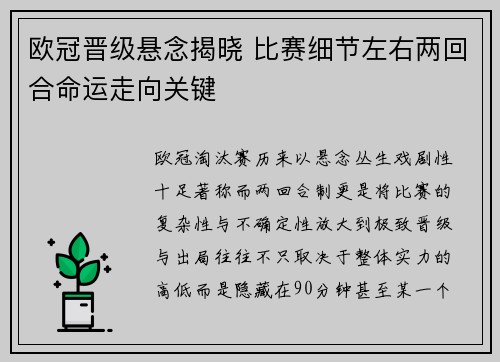 欧冠晋级悬念揭晓 比赛细节左右两回合命运走向关键